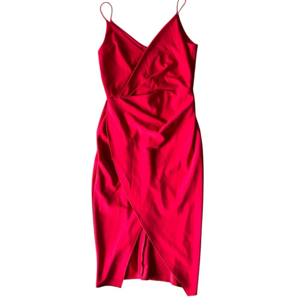 Betsey Johnson Size 8 Red Mini Dress Cocktail Faux Wrap Twist Slit - Picture 2 of 8